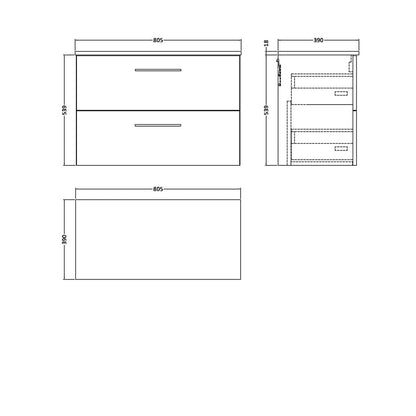 Nuie Arno 800mm Wall Hung 2 Drawer Vanity & Worktop Contemporary Satin Grey MFC Painted Matt 557x805x390mm - JJ Building Materials