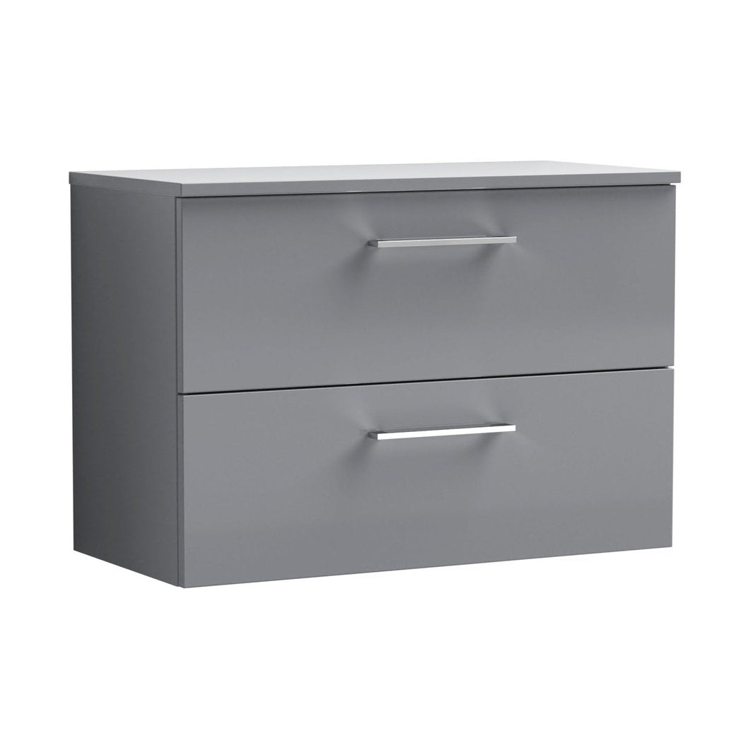 Nuie Arno 800mm Wall Hung 2 Drawer Vanity & Worktop Contemporary Satin Grey MFC Painted Matt 557x805x390mm - JJ Building Materials