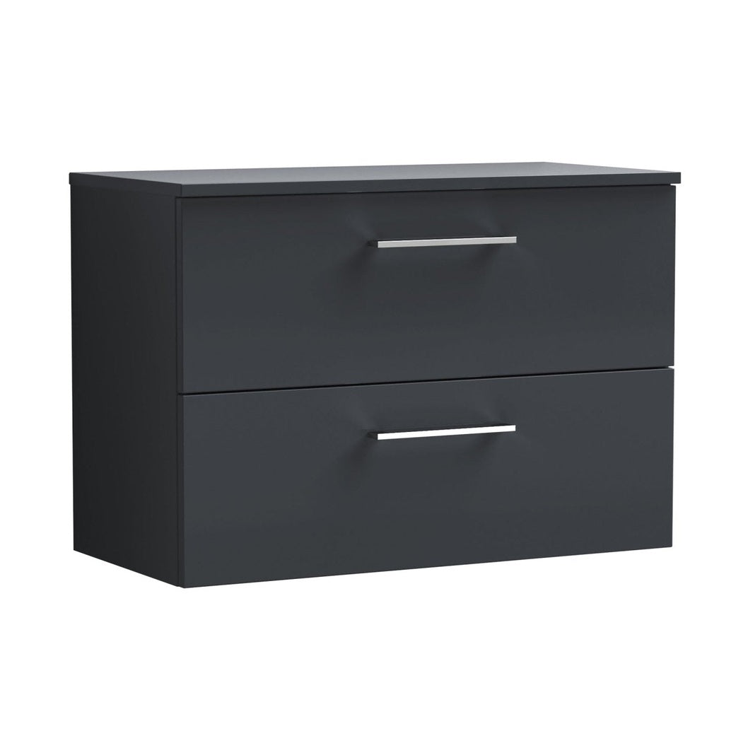 Nuie Arno 800mm Wall Hung 2 Drawer Vanity & Worktop Contemporary Soft Black MFC Painted Matt 557x805x390mm - JJ Building Materials