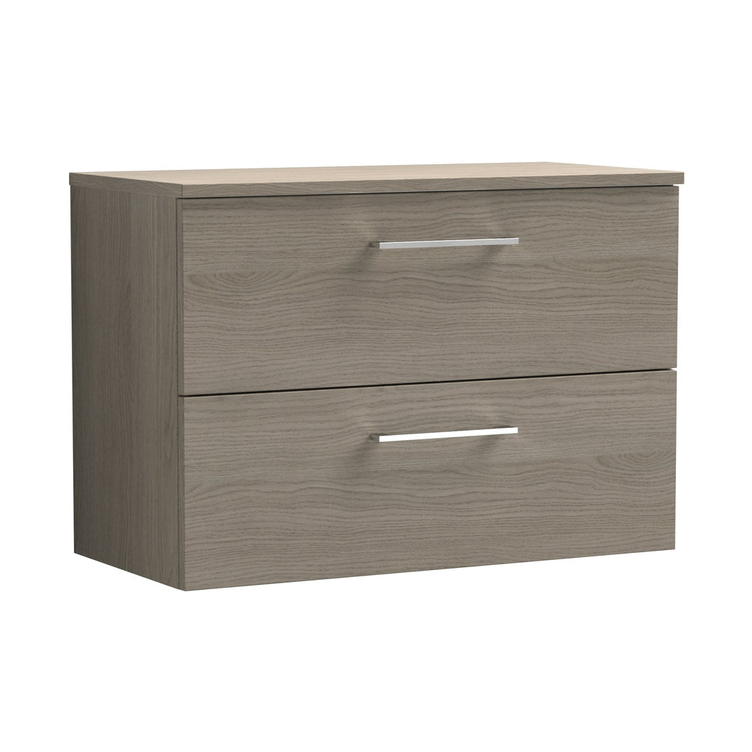 Nuie Arno 800mm Wall Hung 2 Drawer Vanity & Worktop Contemporary Solace Oak MFC Textured Woodgrain 539x805x390mm - JJ Building Materials