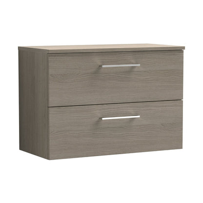Nuie Arno 800mm Wall Hung 2 Drawer Vanity & Worktop Contemporary Solace Oak MFC Textured Woodgrain 539x805x390mm - JJ Building Materials