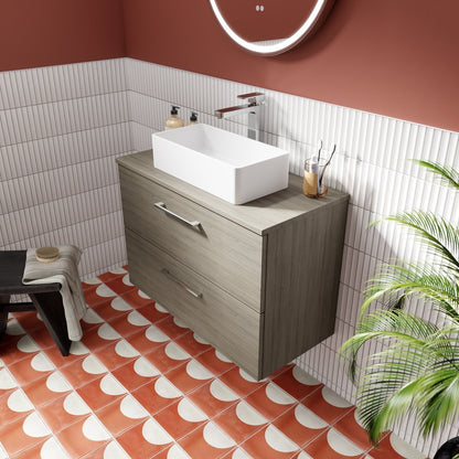 Nuie Arno 800mm Wall Hung 2 Drawer Vanity & Worktop Contemporary Solace Oak MFC Textured Woodgrain 539x805x390mm - JJ Building Materials