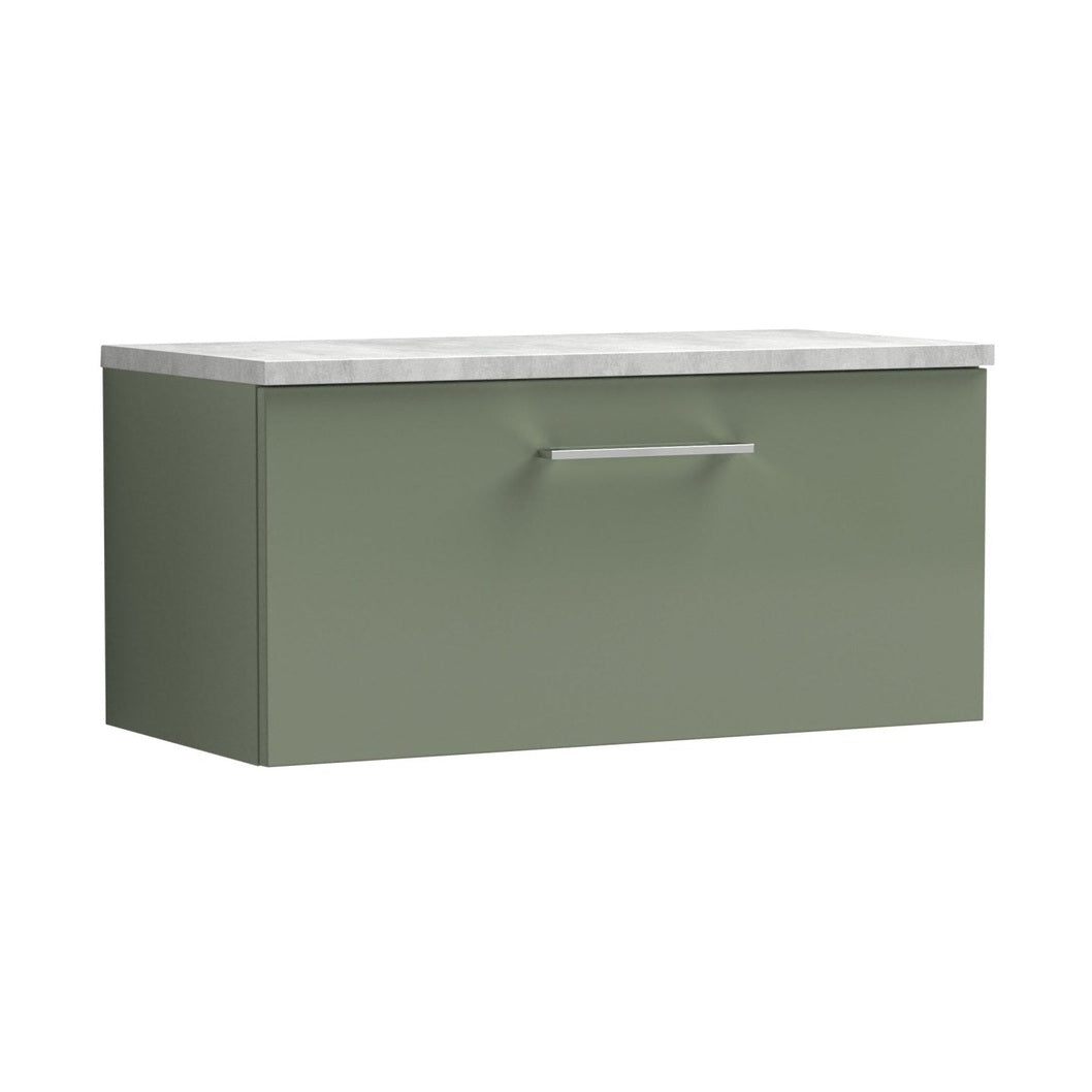 Nuie Arno 800mm Wall Hung Single Drawer Vanity & Laminate Top Contemporary Satin Green MFC Painted Matt 381x805x390mm - JJ Building Materials