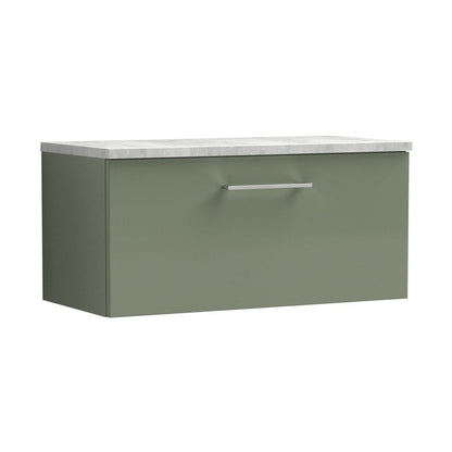 Nuie Arno 800mm Wall Hung Single Drawer Vanity & Laminate Top Contemporary Satin Green MFC Painted Matt 381x805x390mm - JJ Building Materials