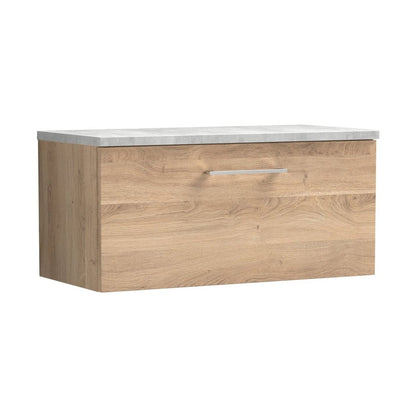 Nuie Arno 800mm Wall Hung Single Drawer Vanity & Laminate Worktop Contemporary Bleached Oak MFC Textured Woodgrain 381x805x390mm - JJ Building Materials