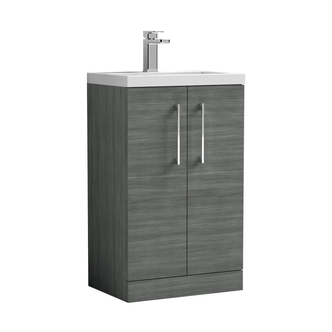 Nuie Arno Compact 500mm Floor Standing 2 Door Vanity & Ceramic Basin Contemporary Anthracite Woodgrain MFC Textured Woodgrain 840x510x360mm - JJ Building Materials