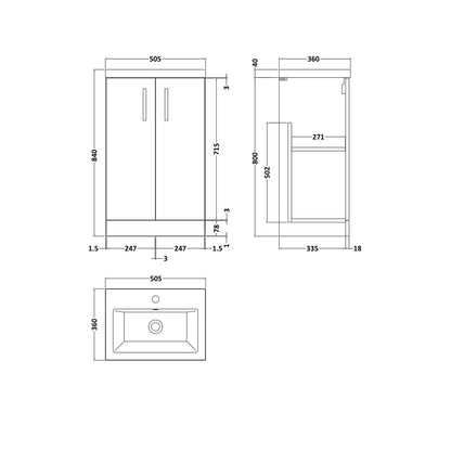 Nuie Arno Compact 500mm Floor Standing 2-door Vanity & Ceramic Basin Contemporary Bleached Oak MFC Textured Woodgrain 840x510x360mm - JJ Building Materials