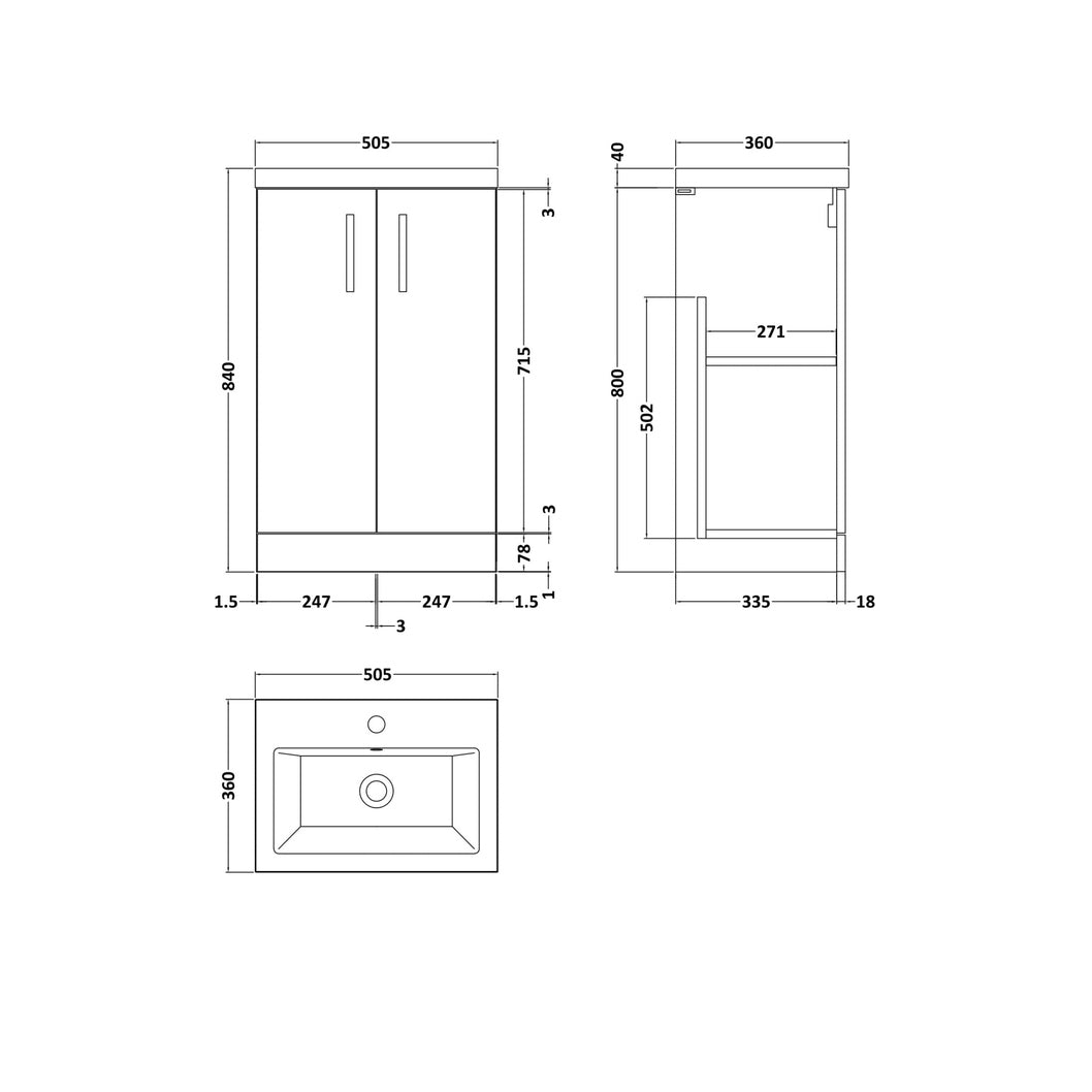 Nuie Arno Compact 500mm Floor Standing 2-door Vanity & Ceramic Basin Contemporary Gloss White MFC Painted Gloss 840x510x360mm - JJ Building Materials