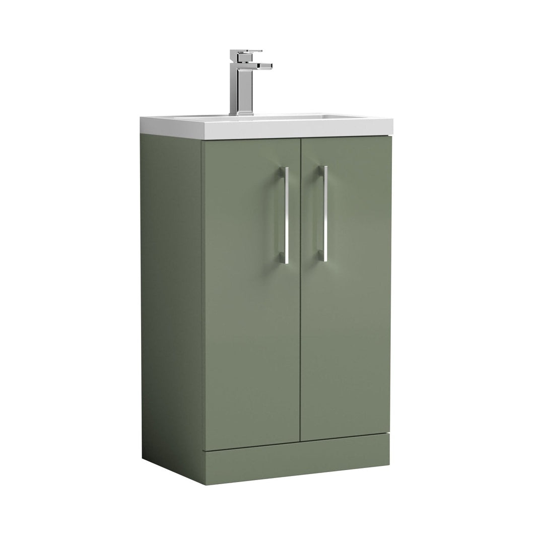 Nuie Arno Compact 500mm Floor Standing 2 Door Vanity & Ceramic Basin Contemporary Satin Green MFC Painted Matt 840x510x360mm - JJ Building Materials