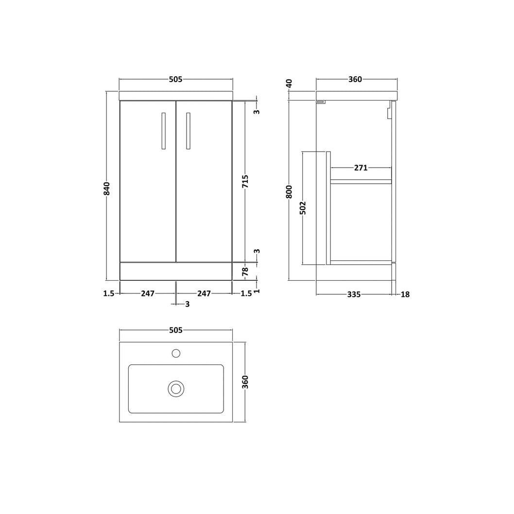 Nuie Arno Compact 500mm Floor Standing 2-door Vanity & Polymarble Basin Contemporary Bleached Oak MFC Textured Woodgrain 840x503x353mm - JJ Building Materials