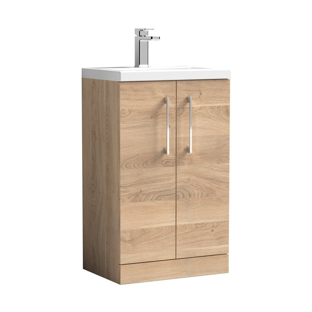 Nuie Arno Compact 500mm Floor Standing 2-door Vanity & Polymarble Basin Contemporary Bleached Oak MFC Textured Woodgrain 840x503x353mm - JJ Building Materials