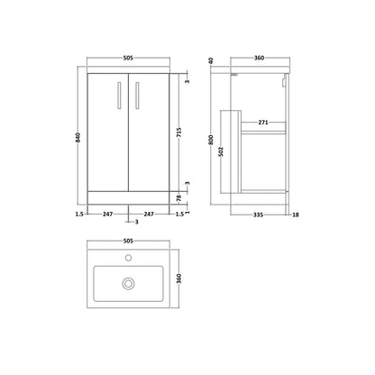 Nuie Arno Compact 500mm Floor Standing 2-door Vanity & Polymarble Basin Contemporary Gloss White MFC Painted Gloss 840x505x360mm - JJ Building Materials