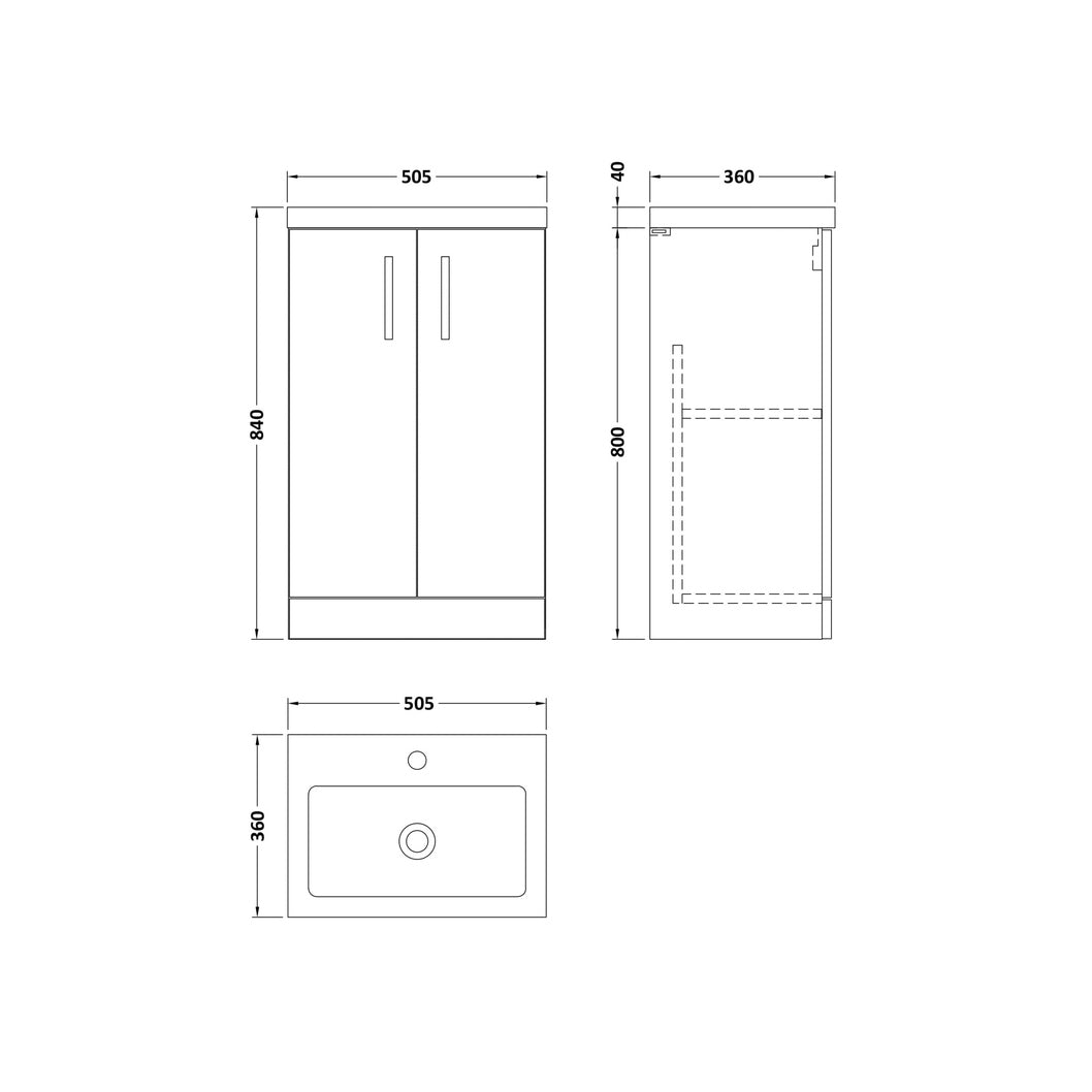 Nuie Arno Compact 500mm Floor Standing 2-door Vanity & Polymarble Basin Contemporary Satin Grey MFC Painted Matt 840x505x360mm - JJ Building Materials