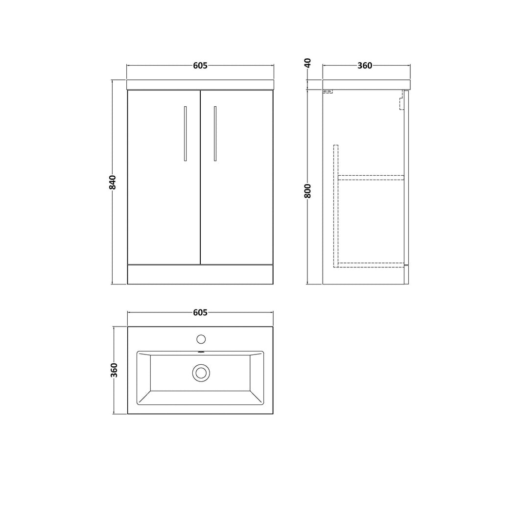 Nuie Arno Compact 600mm Floor Standing 2 Door Vanity & Ceramic Basin Contemporary Anthracite Woodgrain MFC Textured Woodgrain 840x510x360mm - JJ Building Materials