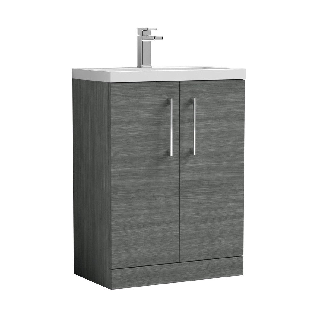 Nuie Arno Compact 600mm Floor Standing 2 Door Vanity & Ceramic Basin Contemporary Anthracite Woodgrain MFC Textured Woodgrain 840x510x360mm - JJ Building Materials