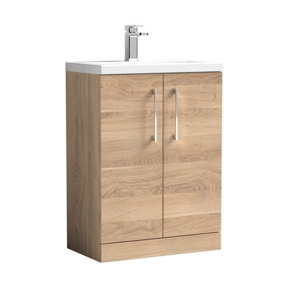 Nuie Arno Compact 600mm Floor Standing 2-door Vanity & Ceramic Basin Contemporary Bleached Oak MFC Textured Woodgrain 840x620x370mm - JJ Building Materials