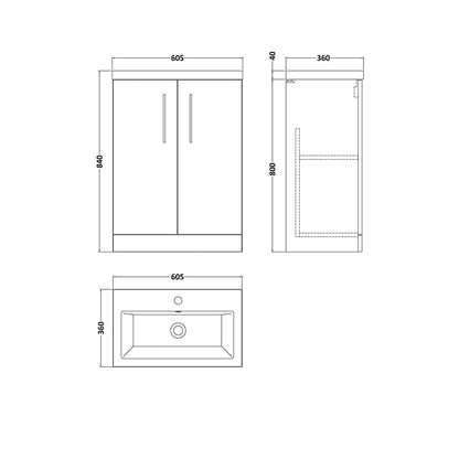Nuie Arno Compact 600mm Floor Standing 2 Door Vanity & Ceramic Basin Contemporary Charcoal Black MFC Textured Woodgrain 840x620x360mm - JJ Building Materials