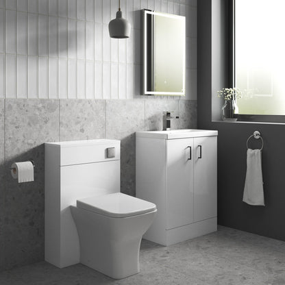 Nuie Arno Compact 600mm Floor Standing 2-door Vanity & Ceramic Basin Contemporary Gloss White MFC Painted Gloss 840x620x360mm - JJ Building Materials