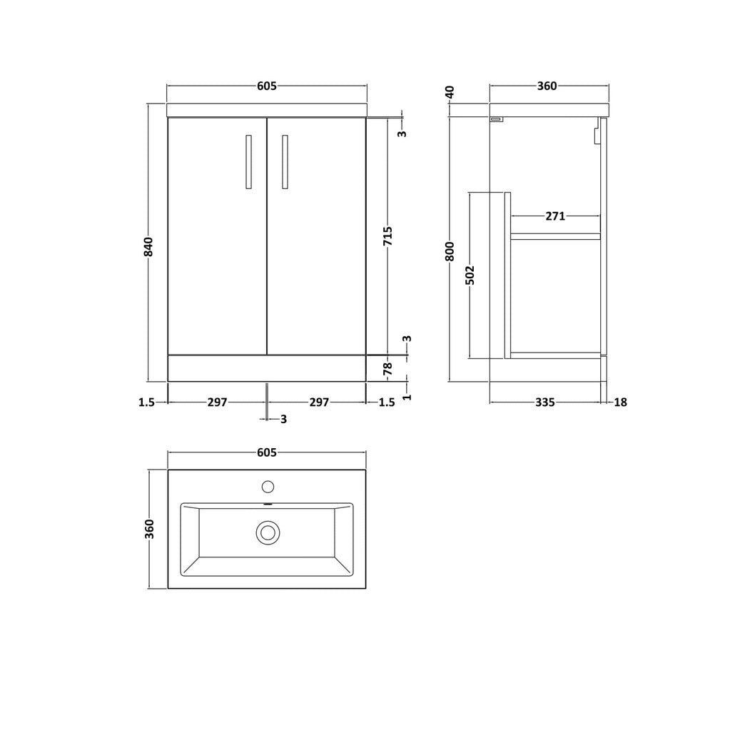 Nuie Arno Compact 600mm Floor Standing 2-door Vanity & Ceramic Basin Contemporary Satin Grey MFC Painted Matt 840x620x360mm - JJ Building Materials