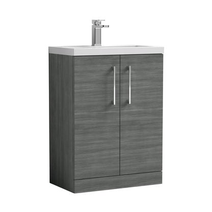 Nuie Arno Compact 600mm Floor Standing 2 Door Vanity & Polymarble Basin Contemporary Anthracite Woodgrain MFC Textured Woodgrain 840x503x353mm - JJ Building Materials