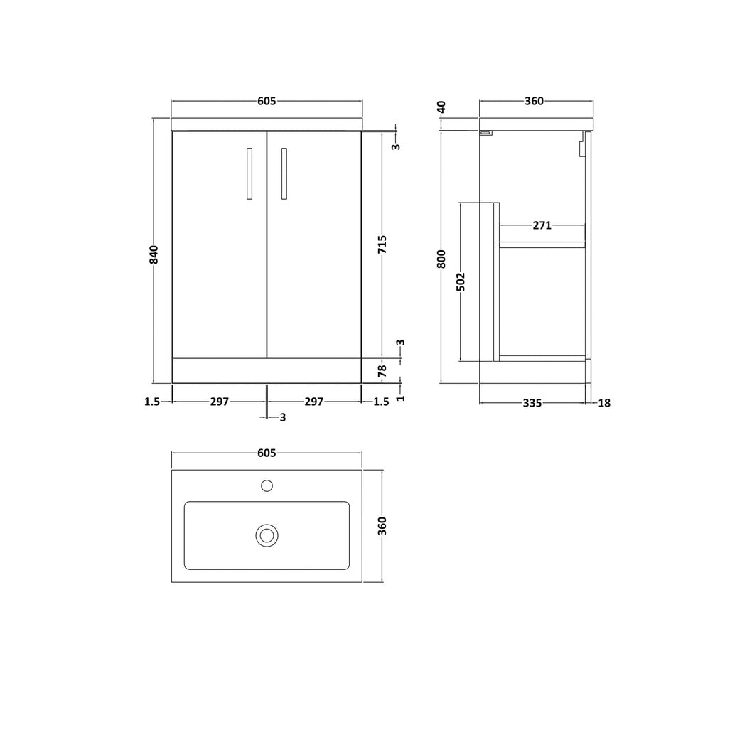 Nuie Arno Compact 600mm Floor Standing 2-door Vanity & Polymarble Basin Contemporary Satin Grey MFC Painted Matt 840x605x360mm - JJ Building Materials