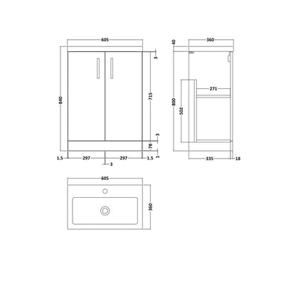 Nuie Arno Compact 600mm Floor Standing 2-door Vanity & Polymarble Basin Contemporary Satin Grey MFC Painted Matt 840x605x360mm - JJ Building Materials