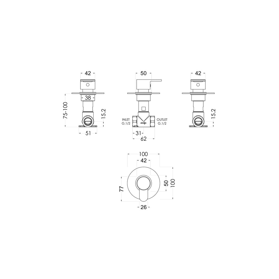 Nuie Arvan Concealed Stop Tap Contemporary Chrome Brass 100x100x135mm - JJ Building Materials