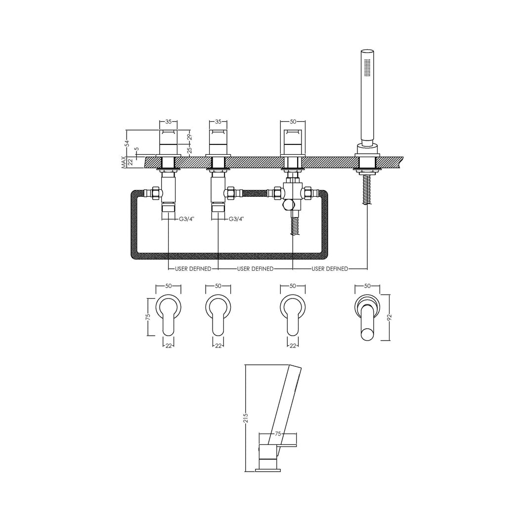Nuie Arvan Deck Mounted 4 Tap Hole Bath Shower Mixer No Spout Contemporary Chrome Brass,brass ABS 230x435x75mm - JJ Building Materials