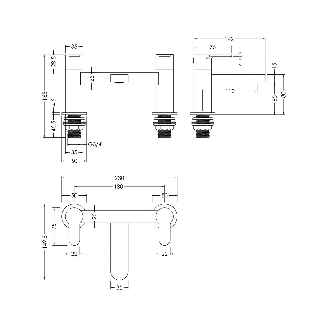 Nuie Arvan Deck Mounted Bath Filler Contemporary Brushed Bronze Brass 120x230x142mm - JJ Building Materials