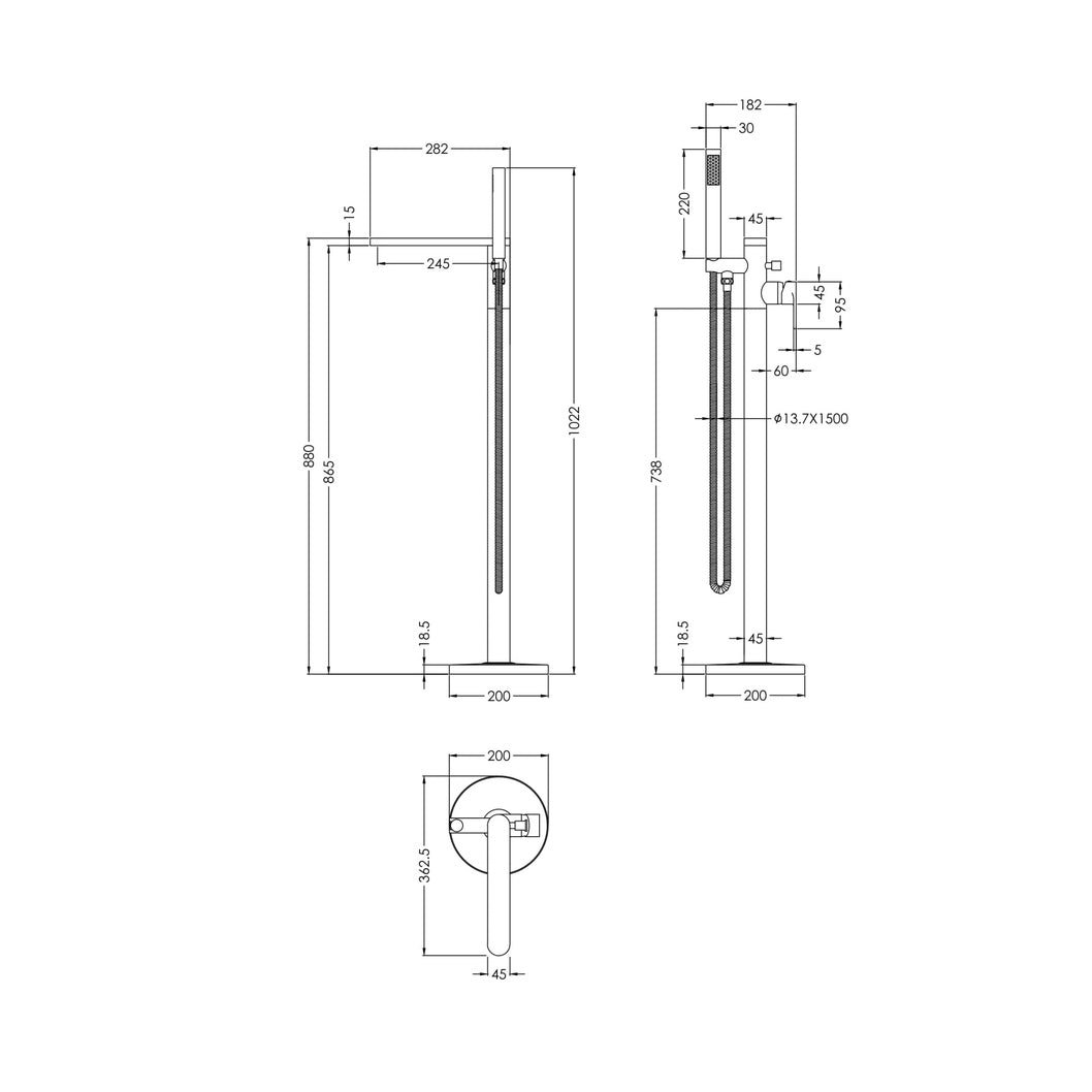 Nuie Arvan Freestanding Bath Shower Mixer Contemporary Brushed Pewter Brass ABS,plastic 880x200x282mm - JJ Building Materials