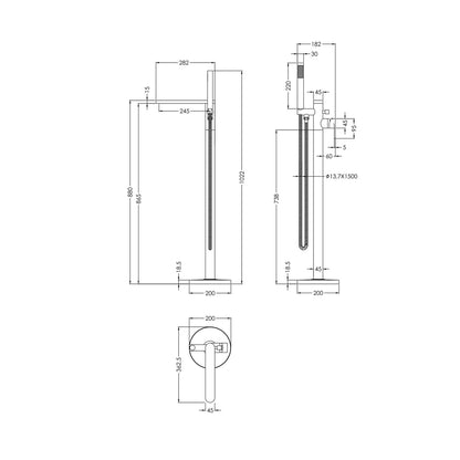 Nuie Arvan Freestanding Bath Shower Mixer Contemporary Brushed Pewter Brass ABS,plastic 880x200x282mm - JJ Building Materials
