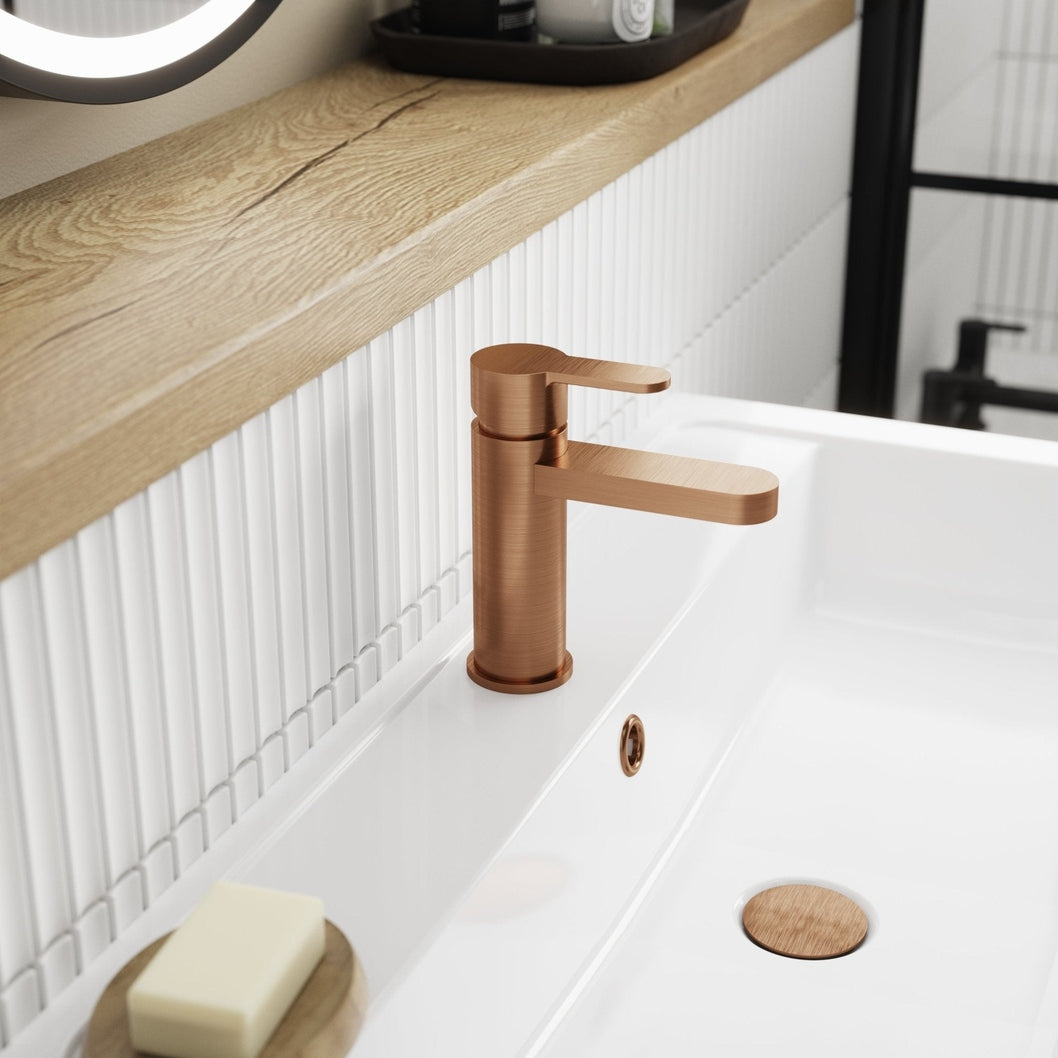 Nuie Arvan Mono Basin Mixer With Push Button Waste Contemporary Brushed Bronze Brass 160x52x147mm - JJ Building Materials