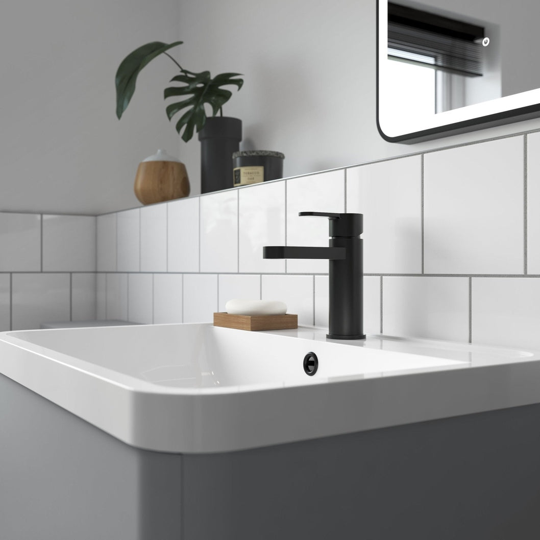 Nuie Arvan Mono Basin Mixer With Push Button Waste Contemporary Matt Black Brass,plastic 160x52x147mm - JJ Building Materials