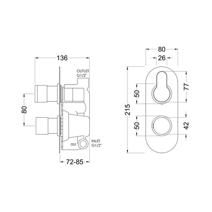 Nuie Arvan Twin Thermostatic Valve Contemporary Brushed Pewter Brass ABS 215x80x136mm - JJ Building Materials