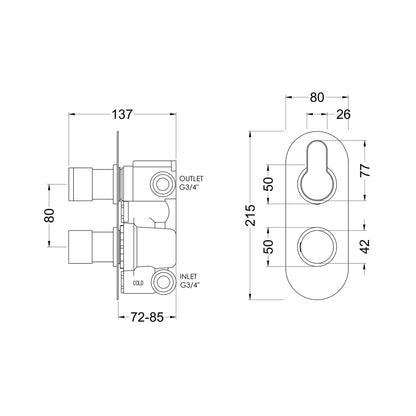 Nuie Arvan Twin Thermostatic Valve With Diverter Contemporary Matt Black Brass ABS 215x80x136mm - JJ Building Materials