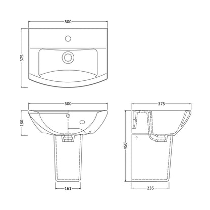 Nuie Asselby 500mm Basin & Semi Pedestal Contemporary White Vitreous China 450x500x375mm - JJ Building Materials