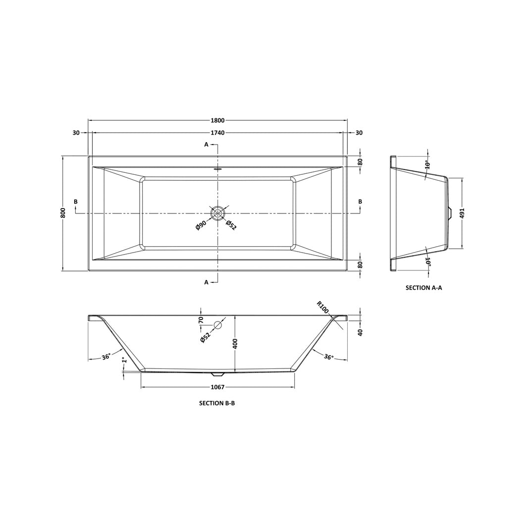 Nuie Asselby Square Double Ended Bath 1800 X 800mm Contemporary White Acrylic - JJ Building Materials