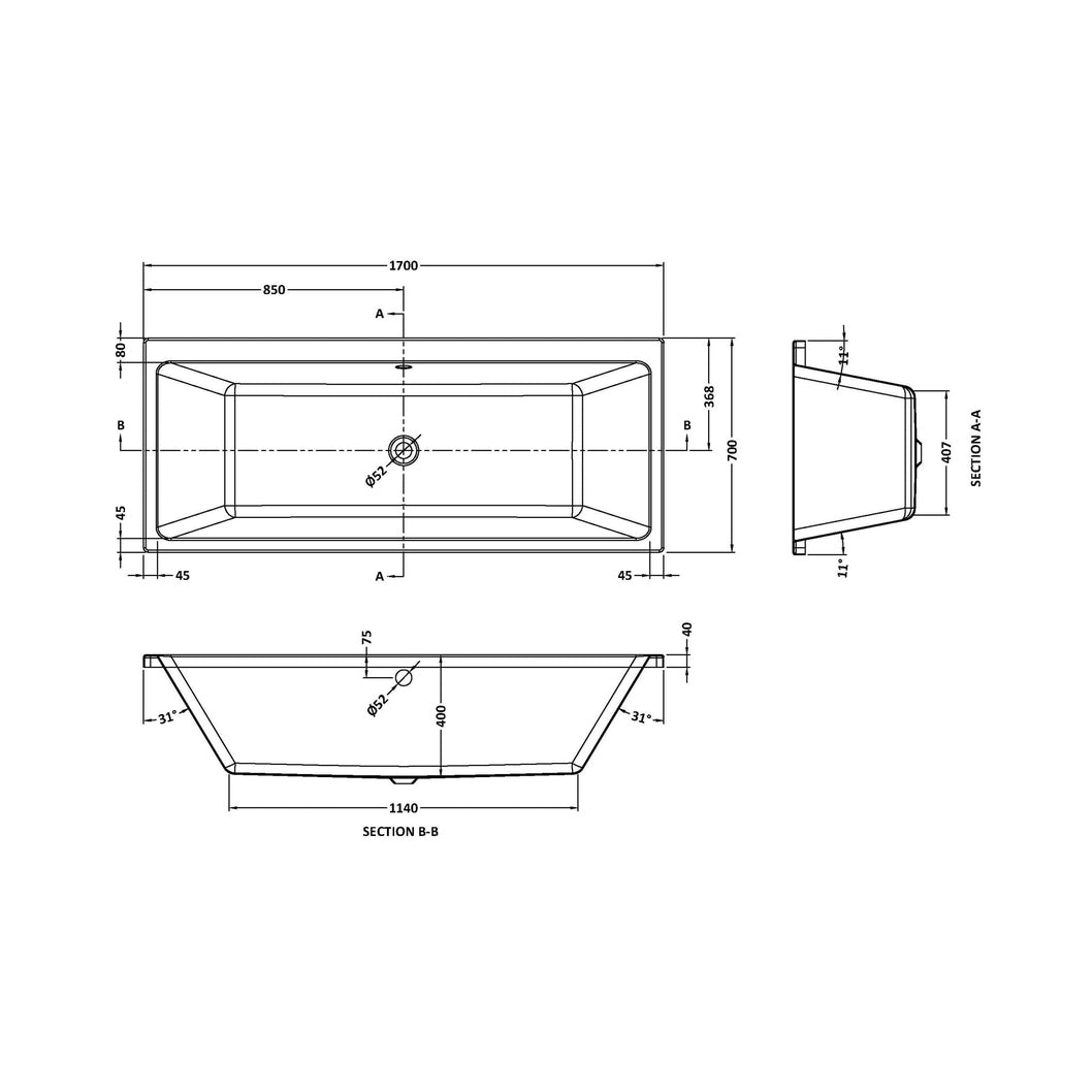 Nuie Asselby Thin Edge Double Ended Bath 1700 X 700mm Contemporary White Acrylic - JJ Building Materials