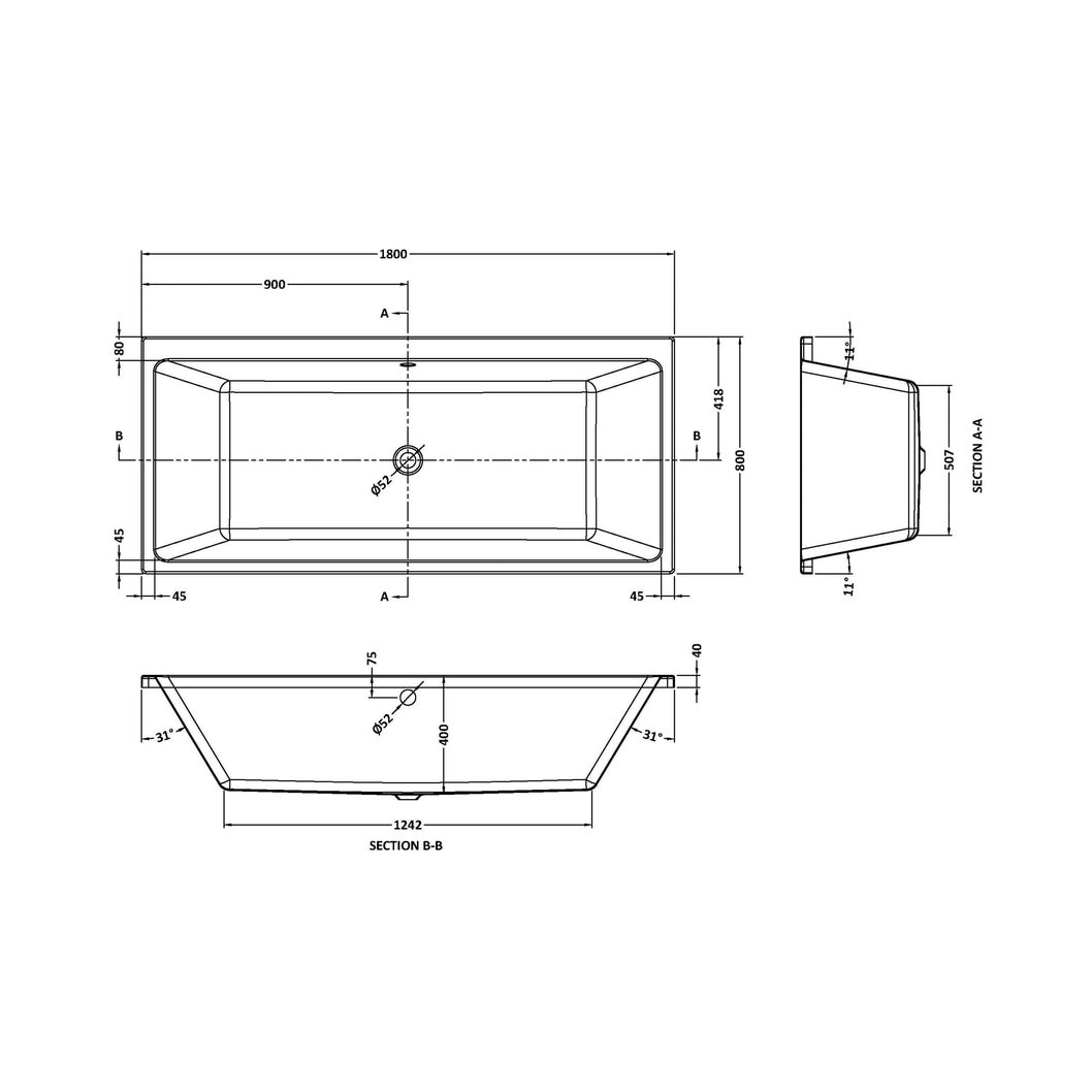 Nuie Asselby Thin Edge Double Ended Bath 1800 X 800mm Contemporary White Acrylic - JJ Building Materials