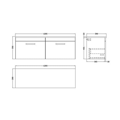 Nuie Athena 1200 Wall Hung 2-drawer Unit & Laminate Worktop Contemporary Charcoal Black MFC Textured Woodgrain 452x1205x390mm - JJ Building Materials