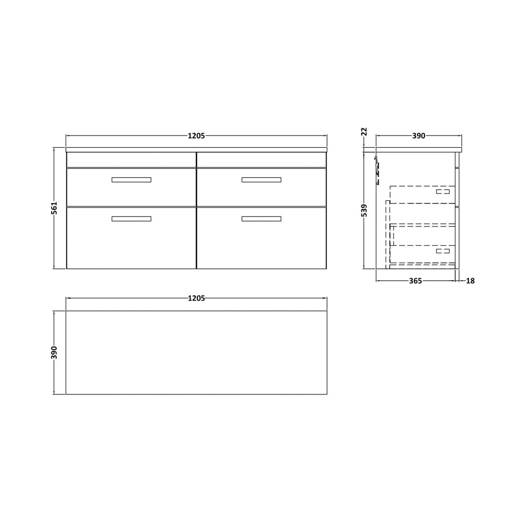 Nuie Athena 1200 Wall Hung 4-drawer Unit & Laminate Worktop Contemporary Anthracite Woodgrain MFC Textured Woodgrain 560x1205x390mm - JJ Building Materials
