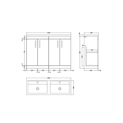 Nuie Athena 1200mm Floor Standing Cabinet With Double Basin Contemporary Charcoal Black MFC Textured Woodgrain 905x1205x390mm - ATH026C - JJ Building Materials