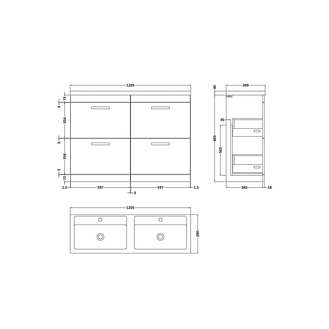 Nuie Athena 1200mm Floor Standing Cabinet With Double Basin Contemporary Gloss Grey MFC Painted Gloss 905x1205x390mm - ATH076C - JJ Building Materials