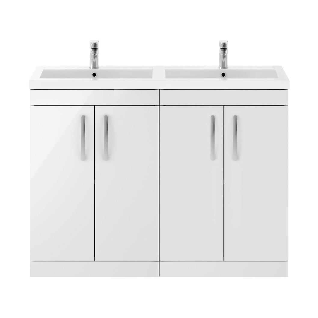Nuie Athena 1200mm Floor Standing Cabinet With Double Basin Contemporary Gloss White MFC Painted Gloss 905x1205x390mm - ATH027C - JJ Building Materials