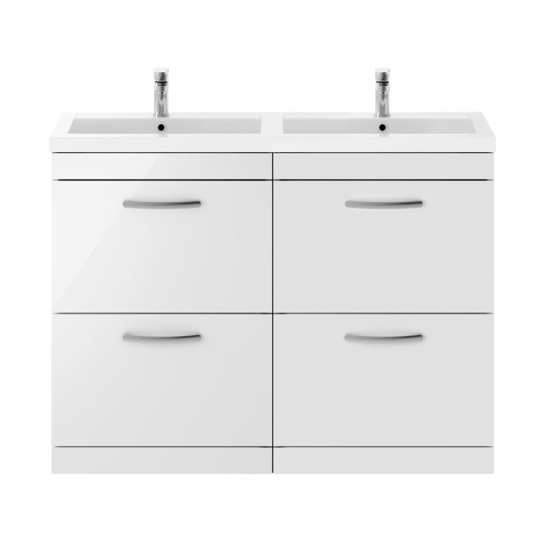 Nuie Athena 1200mm Floor Standing Cabinet With Double Basin Contemporary Gloss White MFC Painted Gloss 905x1205x390mm - ATH034C - JJ Building Materials
