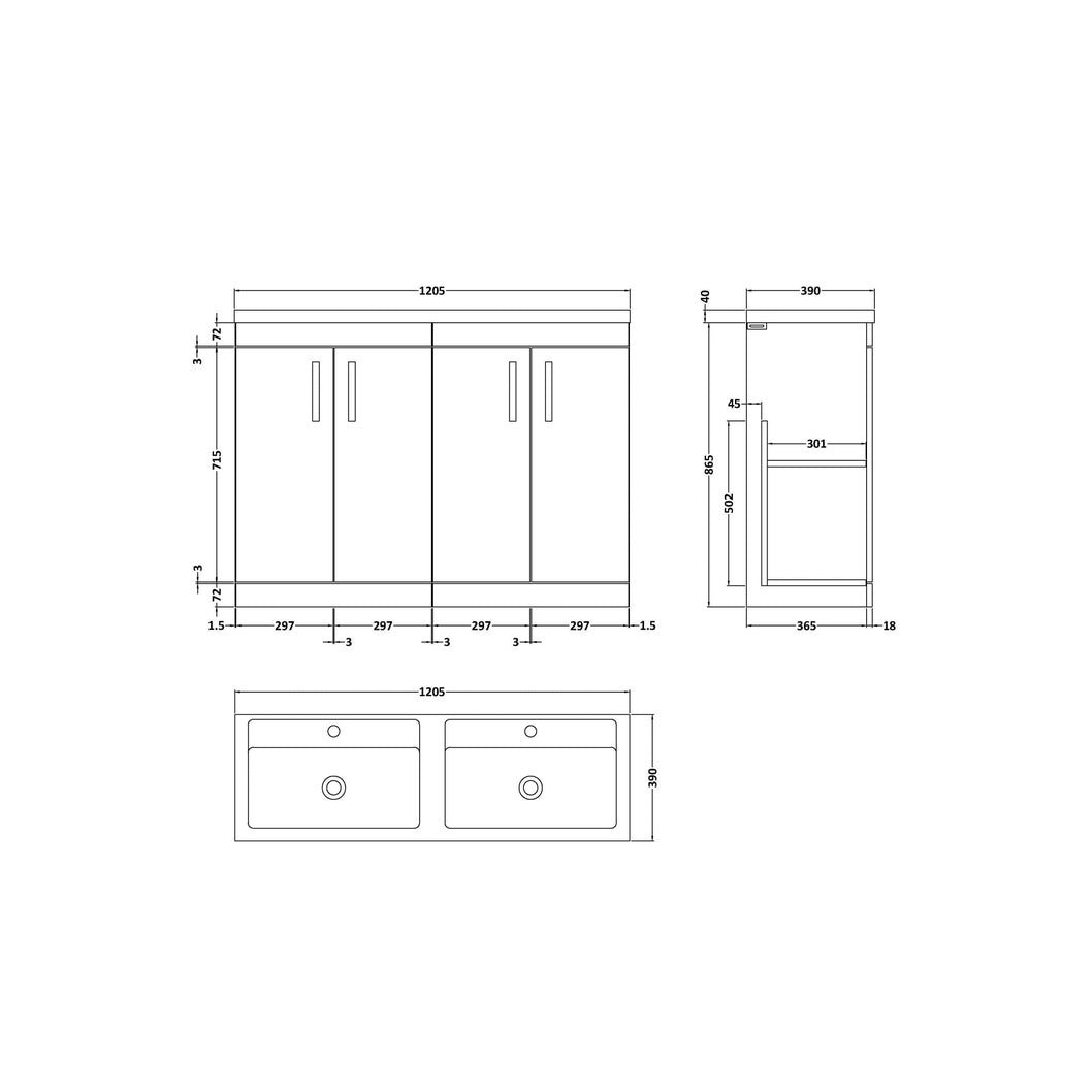 Nuie Athena 1200mm Floor Standing Cabinet With Double Ceramic Basin Contemporary Gloss White MFC Painted Gloss 905x1208x390mm - ATH027F - JJ Building Materials