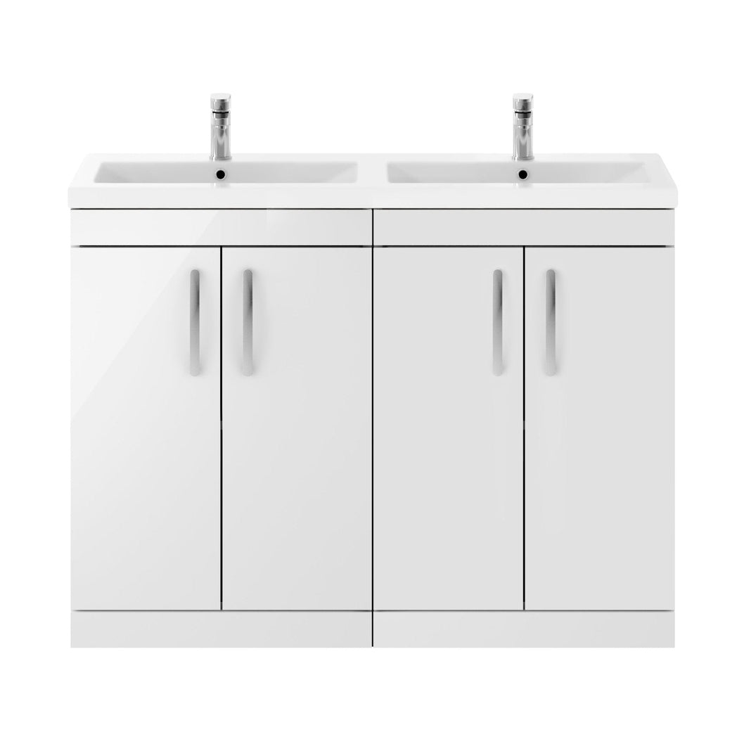 Nuie Athena 1200mm Floor Standing Cabinet With Double Ceramic Basin Contemporary Gloss White MFC Painted Gloss 905x1208x390mm - ATH027F - JJ Building Materials