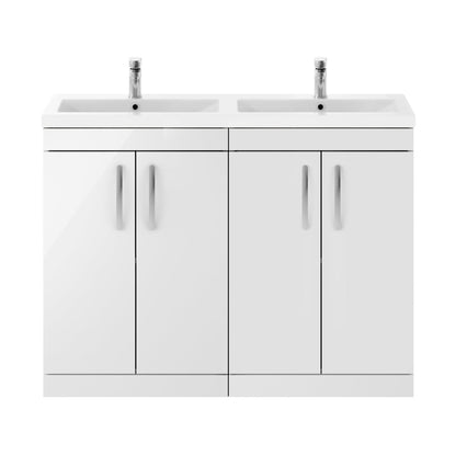 Nuie Athena 1200mm Floor Standing Cabinet With Double Ceramic Basin Contemporary Gloss White MFC Painted Gloss 905x1208x390mm - ATH027F - JJ Building Materials