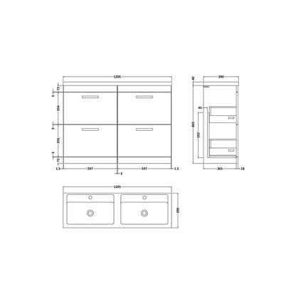 Nuie Athena 1200mm Floor Standing Cabinet With Double Ceramic Basin Contemporary Gloss White MFC Painted Gloss 905x1208x390mm - ATH034F - JJ Building Materials