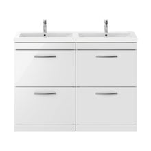 Nuie Athena 1200mm Floor Standing Cabinet With Double Ceramic Basin Contemporary Gloss White MFC Painted Gloss 905x1208x390mm - ATH034F - JJ Building Materials